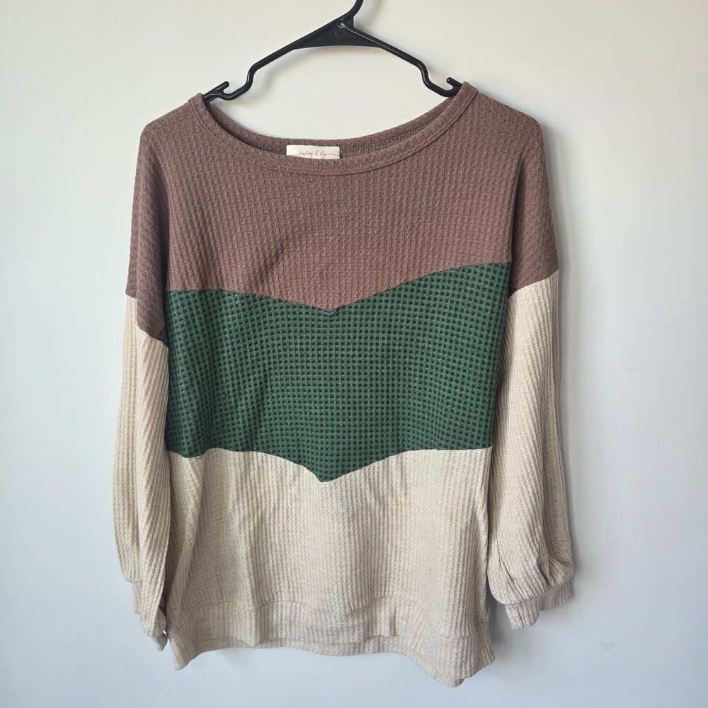Hailey & Co Womens M Waffle Knit Colorblock Long Sleeve Top Boho Green Taupe